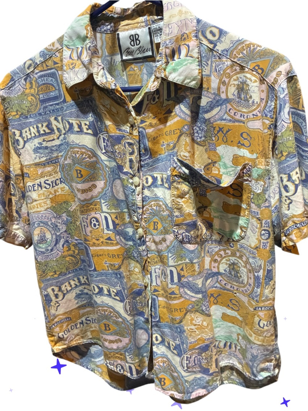 Vintage 90’s Bill Blass Men’s Medium Rayon Novelty Print Banknote Shirt
